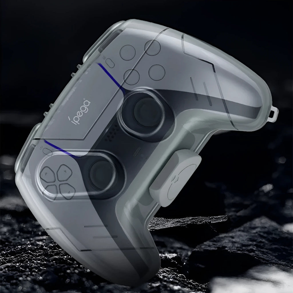 Transparent grey hard plastic protective case for a game controller.