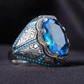 Grandmother geometric blue zircon alloy ring in antique silver finish showing detailed design