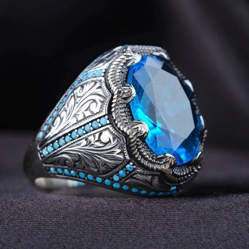 Grandmother geometric blue zircon alloy ring in antique silver finish showing detailed design