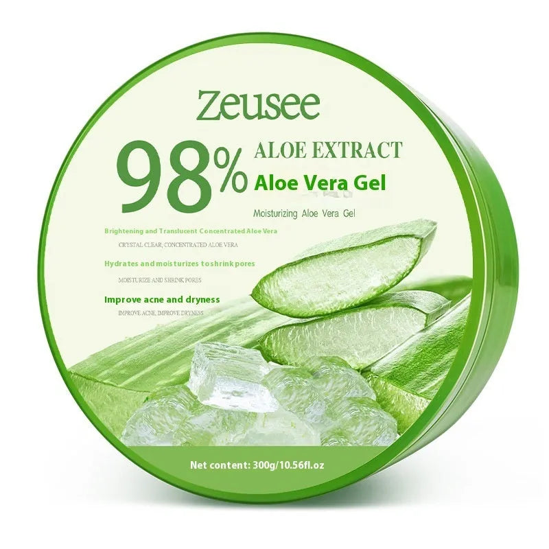 300g jar of aloe vera gel for acne control and hydration with a spoon on a white background.