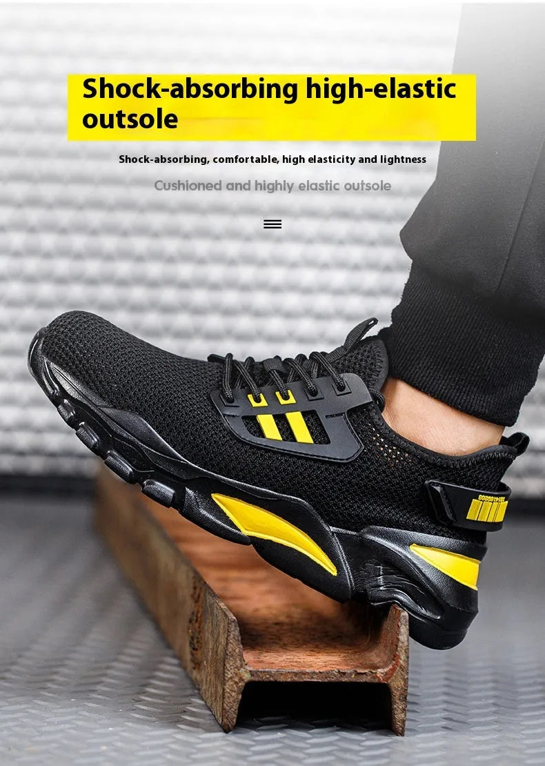 Men's low-top Flyknit work shoes with steel toe cap in black, grey, and yellow colour options.