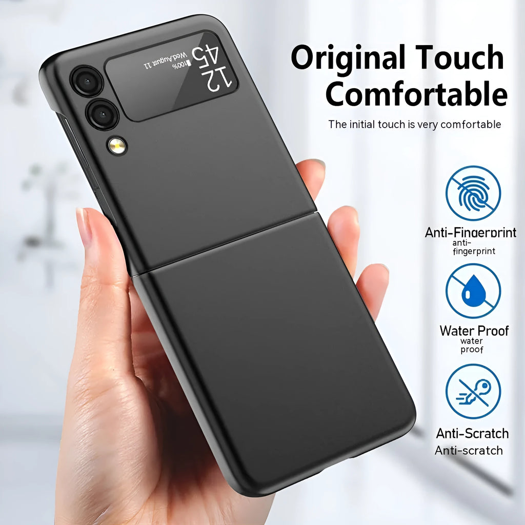 Oil injection foldable phone case for Samsung Galaxy Z Flip 3 and Z Flip 4 in black, with mirror finish and bracket