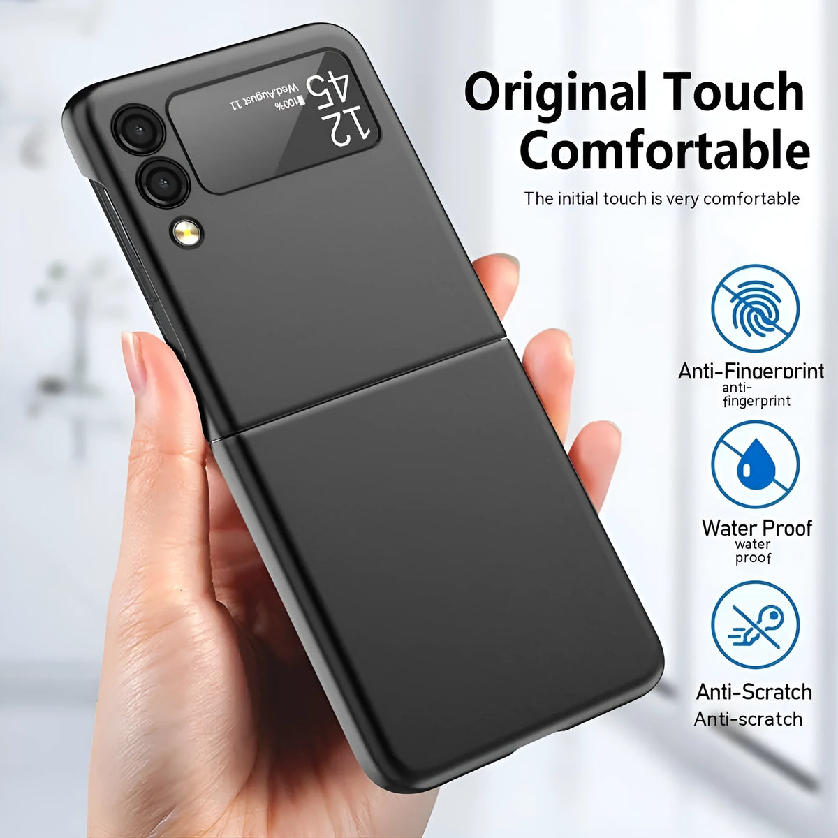 Oil injection foldable phone case for Samsung Galaxy Z Flip 3 and Z Flip 4 in black, with mirror finish and bracket