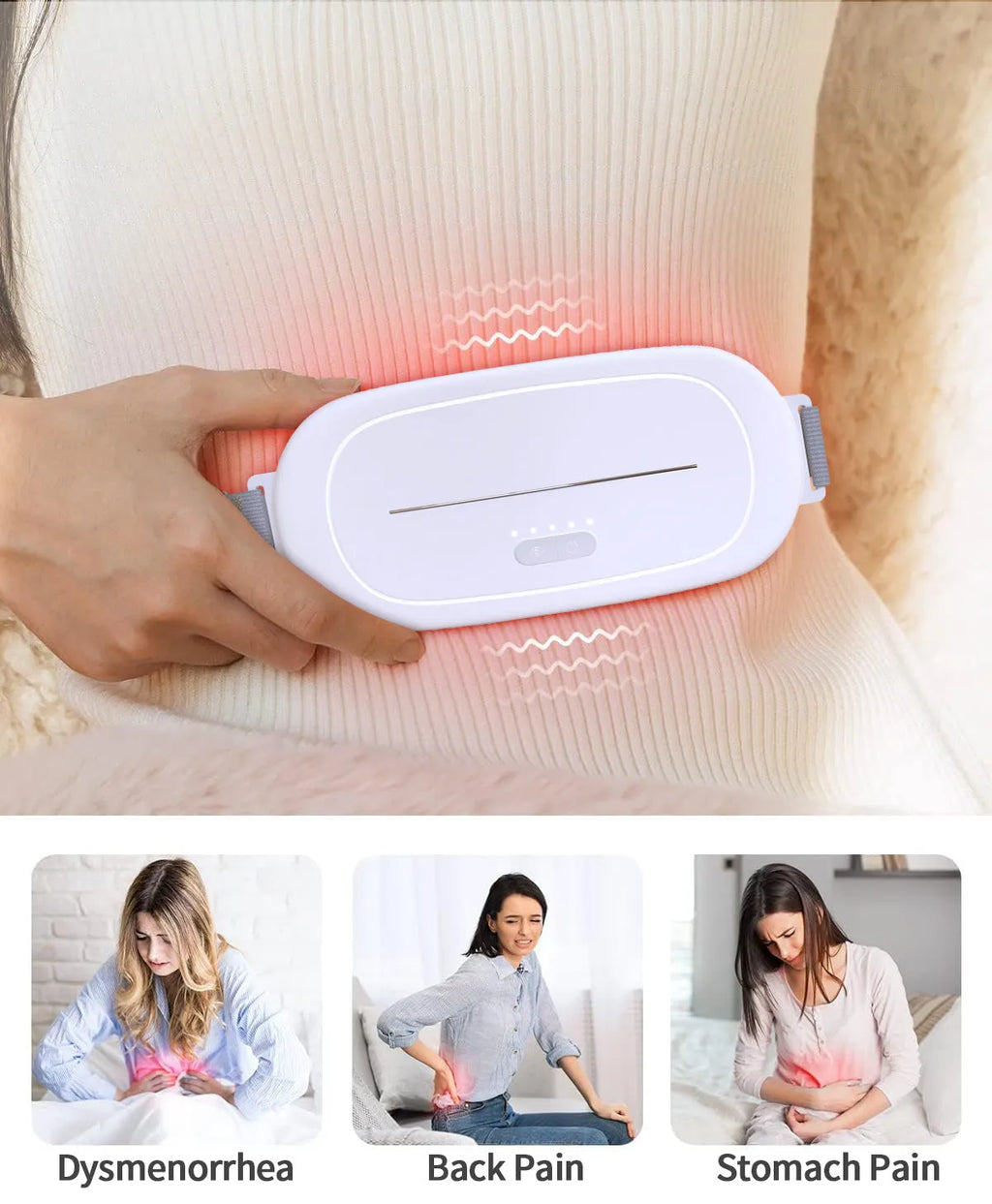 White rechargeable uterine warming device with remote control for postpartum and menstrual pain relief.