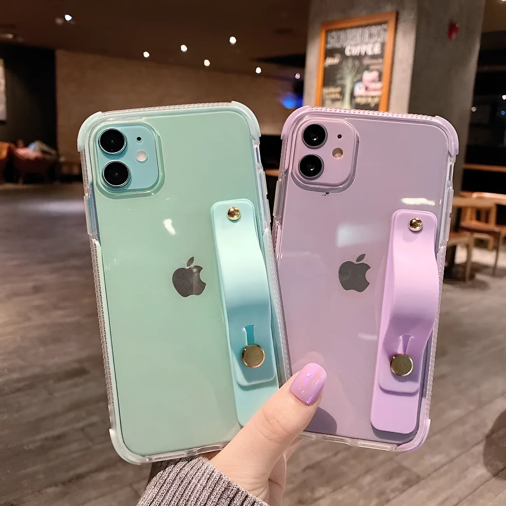 Two-tone transparent silicone iPhone case with integrated stand and reinforced corners
