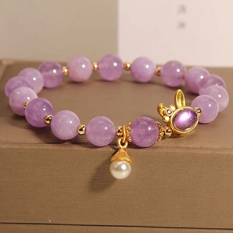 Mori style mauve jade rabbit bracelet with hare head crystal charm on adjustable band