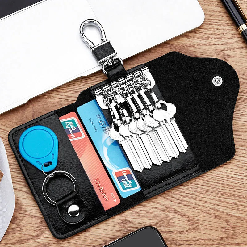 Genuine leather keychain card holder in square vertical design with key mapping organisation