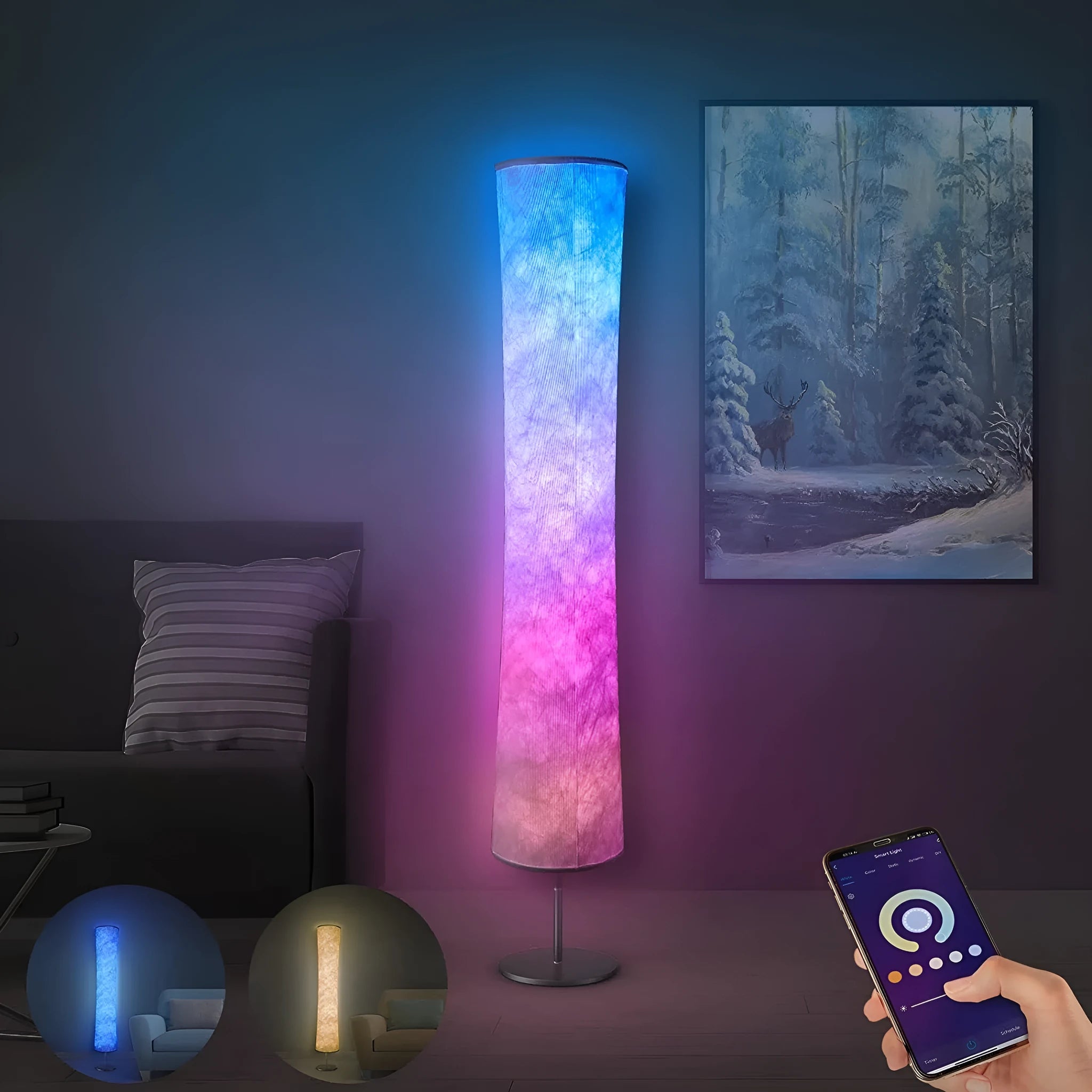 RGB fabric circular atmosphere floor lamp with remote control, 1.66m tall, iron and cloth construction, 90 LED beads