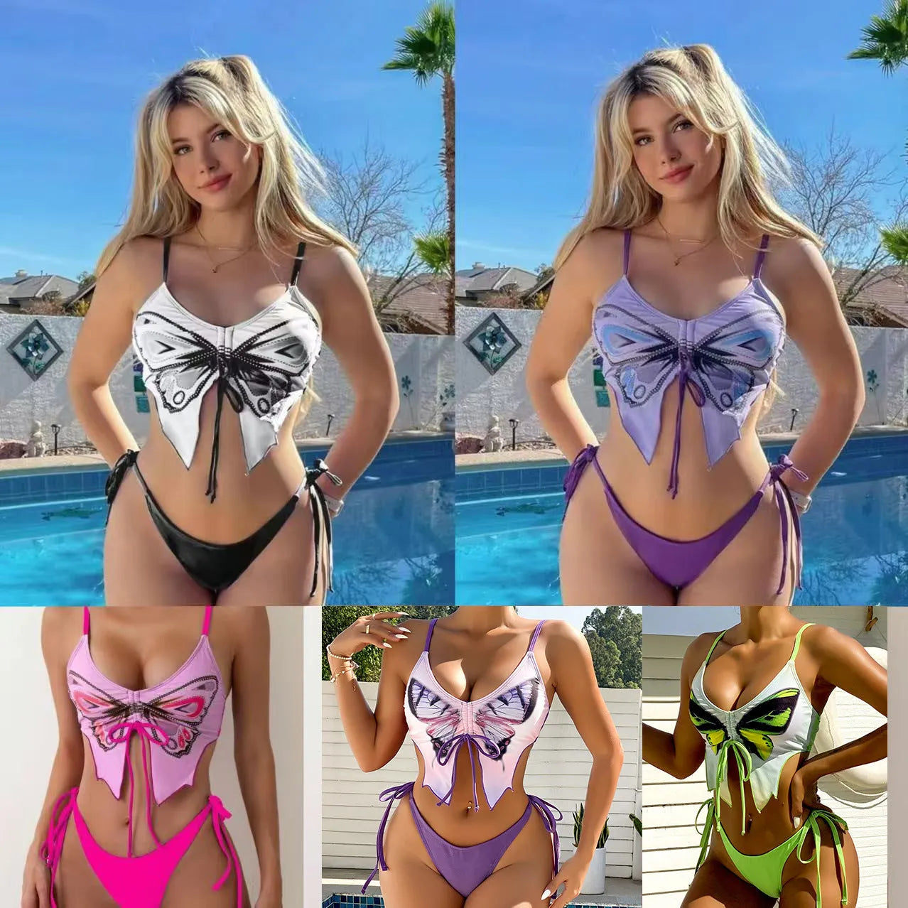 Women's purple bikini set with bow style top and high-cut briefs for swimming and fitness