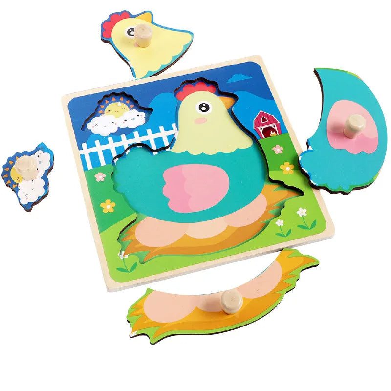 Wooden dowel pin puzzle board toy for ages 4-6 with hand-holding pieces and animal illustration