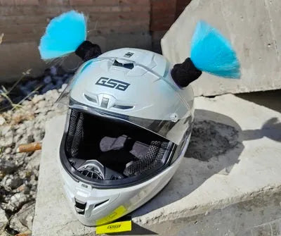 Pair of 8cm tall braided helmet decorations with non-marking adhesive, shown in multiple colour options.