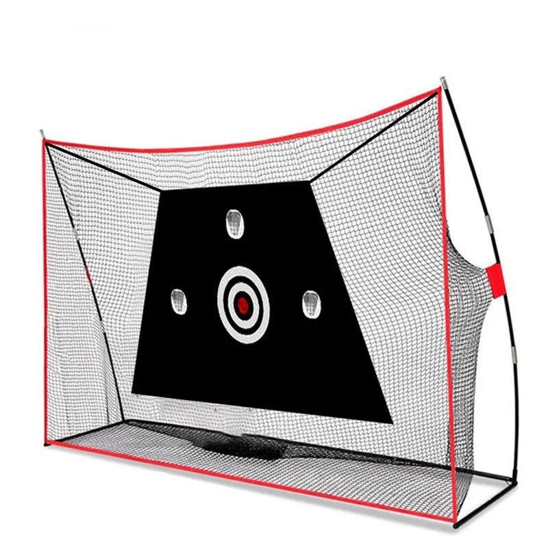 Golf wedge training net with 3-hole cross design and straw practice mat with accessories