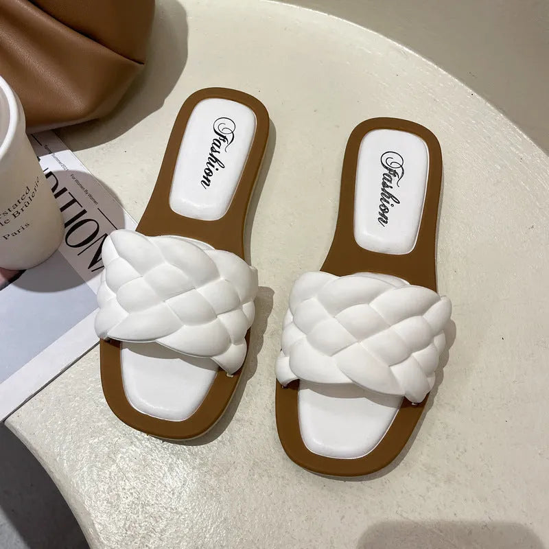 Women's plaid pattern beach sandals with thick PVC sole in white, green, black, or orange.
