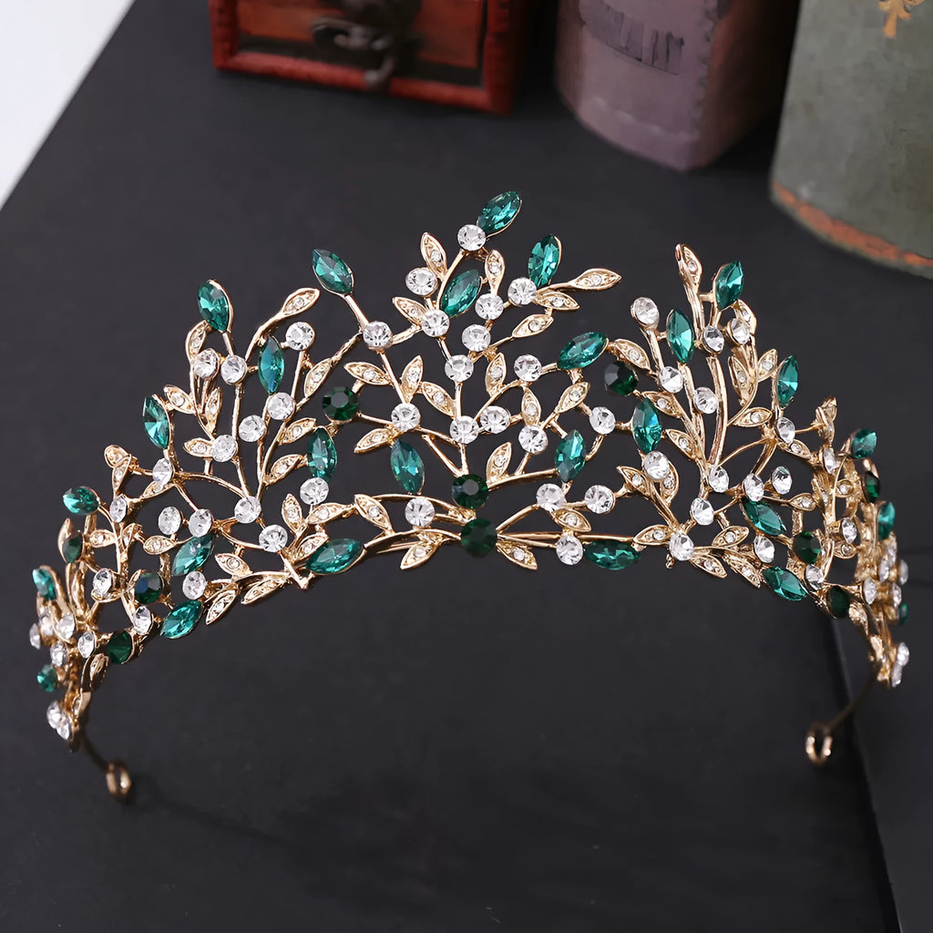 Vintage rhinestone headdress crown, alloy hair accessory, 15 x 6.5cm, retro crown shape, green phantom quartz crystal