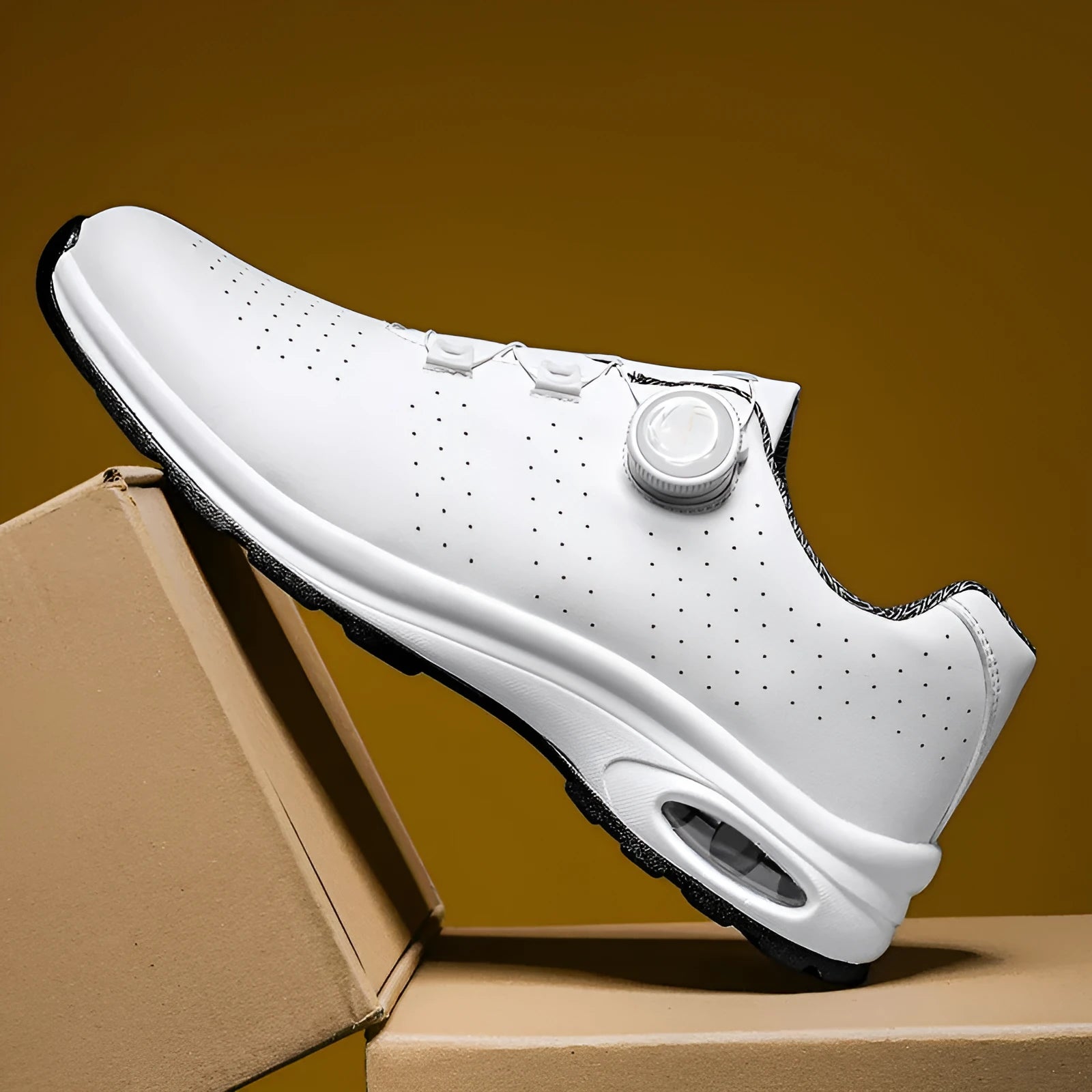 Black and white low-top tennis shoes with mesh upper and cross-shoulder straps on a composite sole.