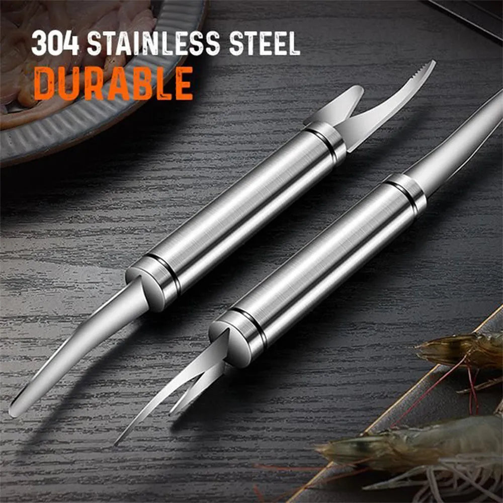 Multifunctional 304 stainless steel shrimp remover knife with eagle-beak tip and double row blades for peeling shrimp, splitting fish and scaling
