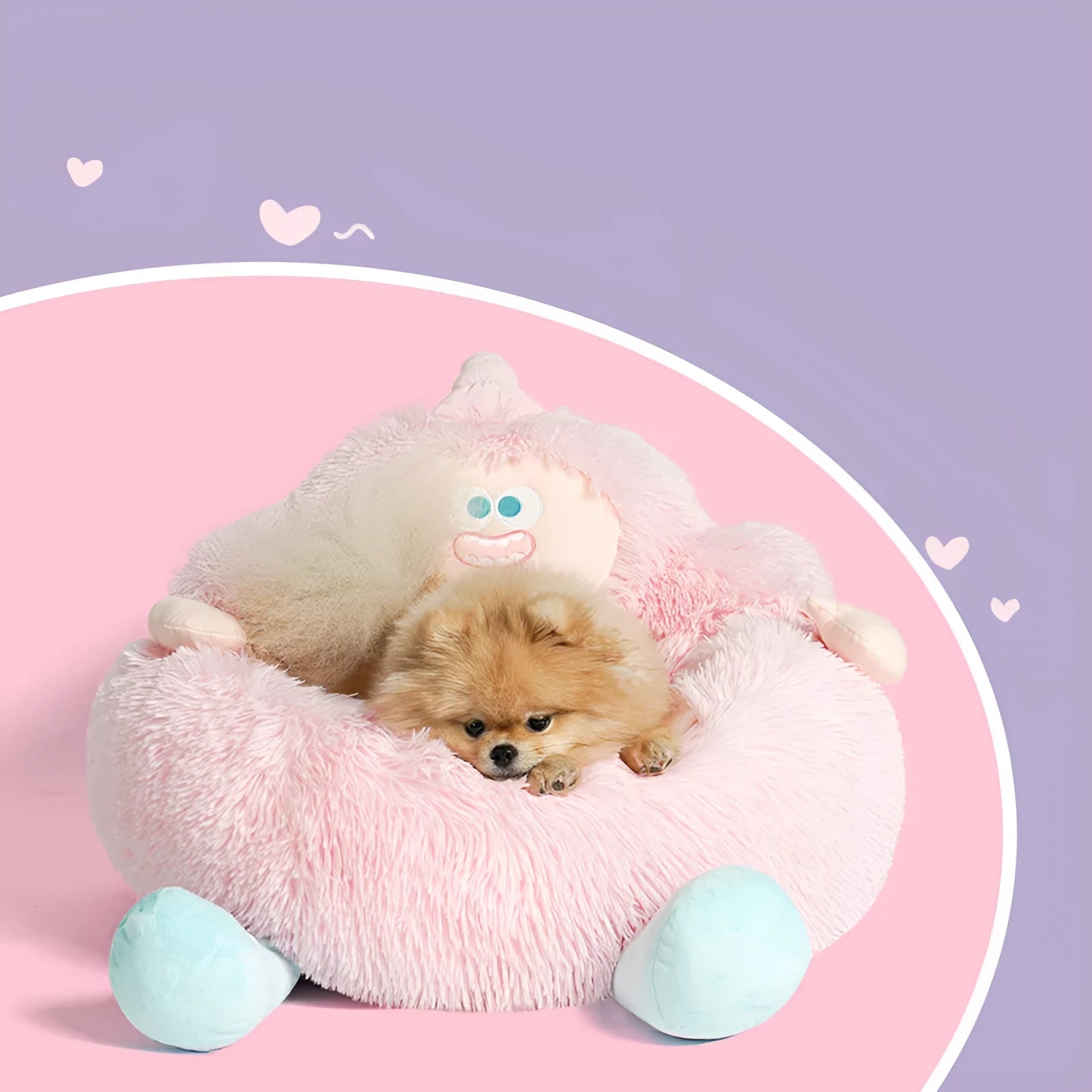 Grey plush pet nest bed with 40cm high sides shown with small dog curled inside
