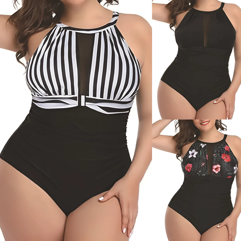 A women's solid colour one-piece lace swimsuit in black, red flower, or stripes pattern.