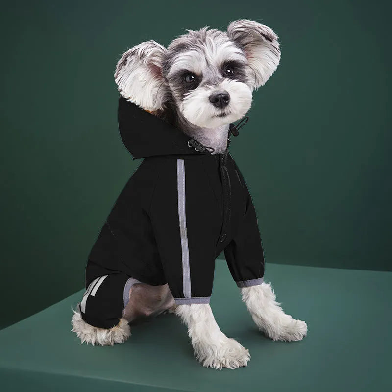 Dog wearing a blue four-legged waterproof raincoat made from PUC polyester fibre, standing outdoors in wet weather.