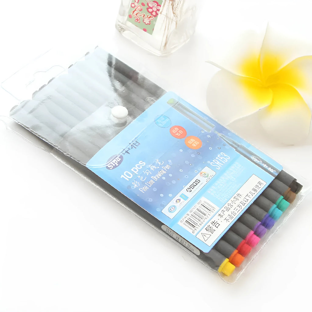 Pack of ten 0.38mm hook line pens for technical drafting, each 15.8cm long.