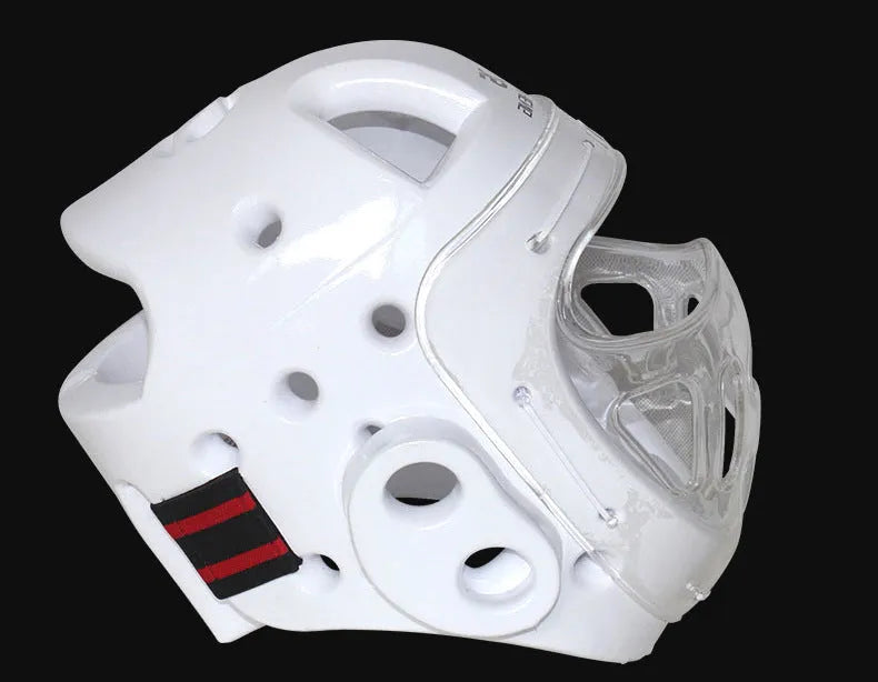 White, blue, and red karate helmet for boxing head protection, shown in S, M, L, XL sizes.