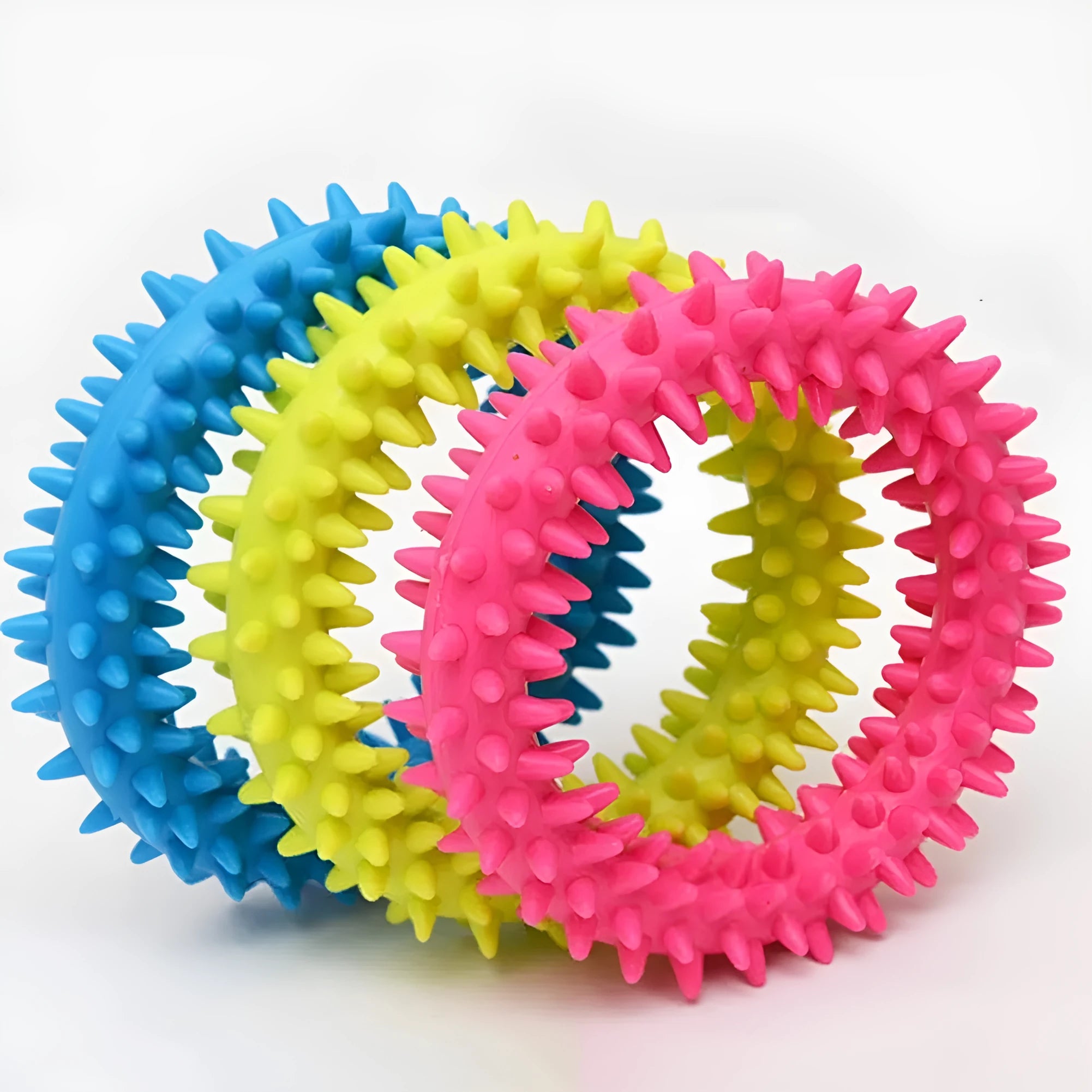 Blue spiky circle ring dog chew toy made from TPR for dental cleaning and bite training