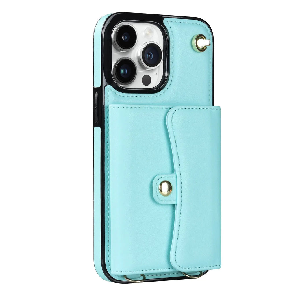 Crossbody faux leather iPhone phone case with card holder and shoulder strap, shown in black, rose gold, mint green, red, coffee and purple