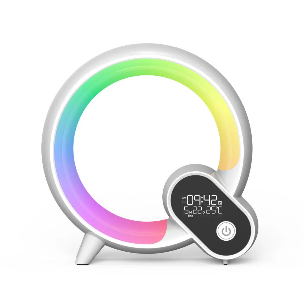 Creative Q Light sunrise alarm clock with digital display and colourful LED ring in black or white finish.