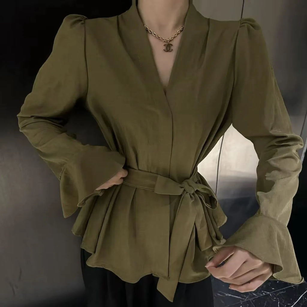 Women's black French-style shirt with an irregular collar and flared bell sleeves