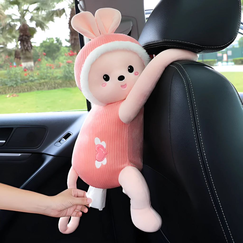 Soft plush car headrest tissue box holder in a cute animal character style.