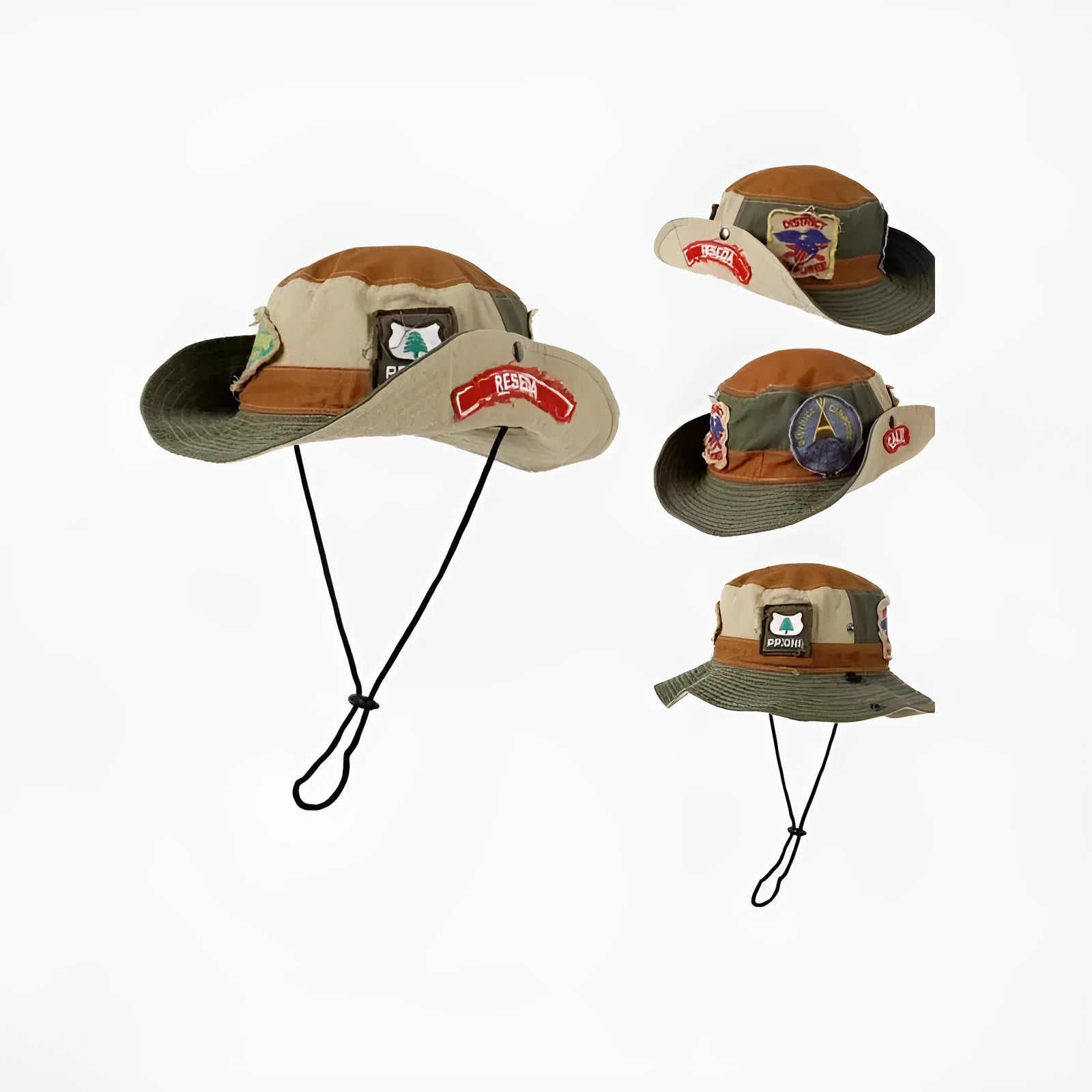 Women's army green cotton fisherman hat with retro patchwork design and flat top crown