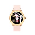 Women's round dial smart watch with 1.09 inch touchscreen, metal body, and silicone strap in multiple colours