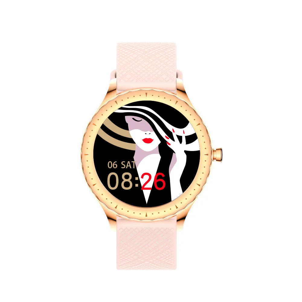 Women's round dial smart watch with 1.09 inch touchscreen, metal body, and silicone strap in multiple colours