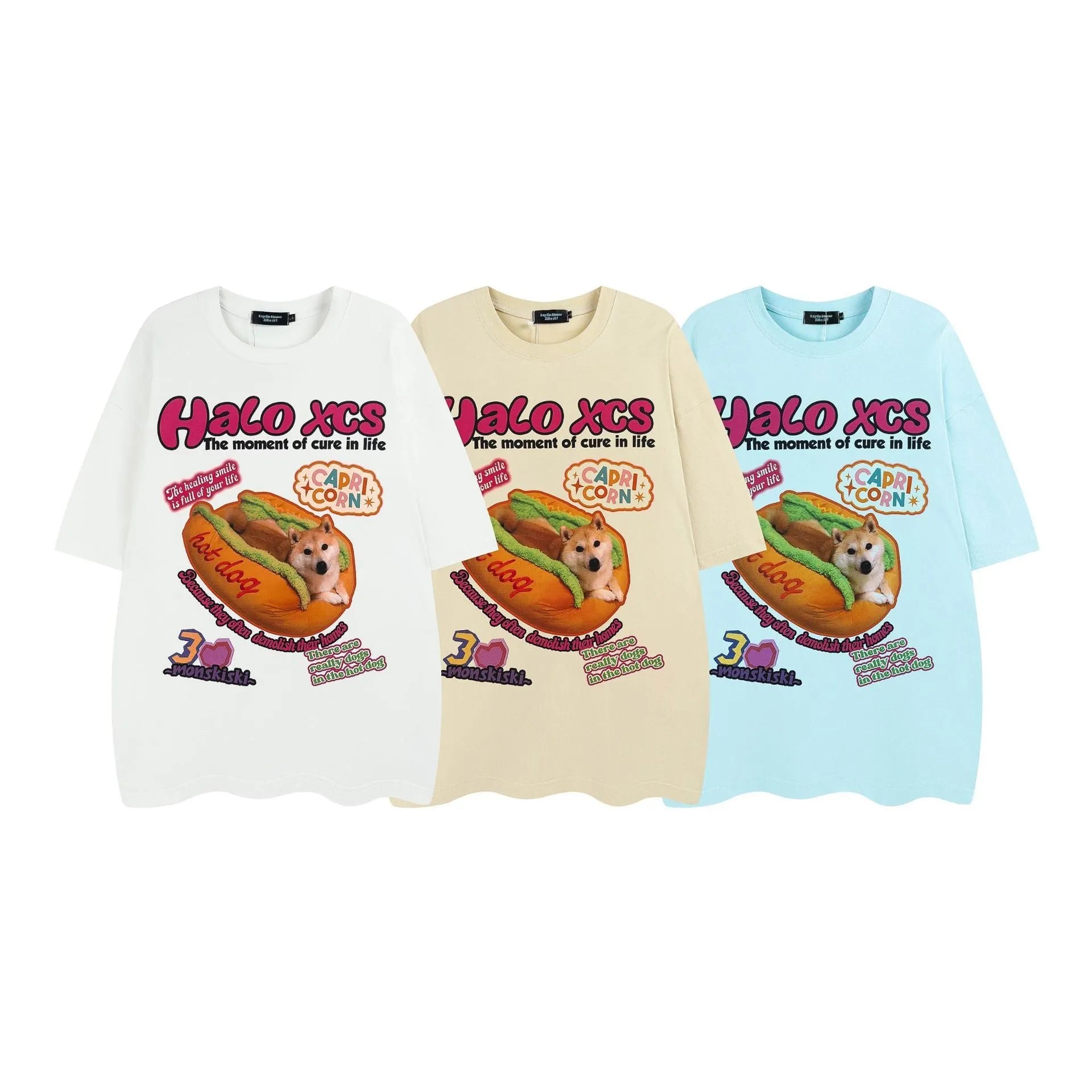 White loose cotton t-shirt with a cartoon print of a hamburger and a dog on the front.