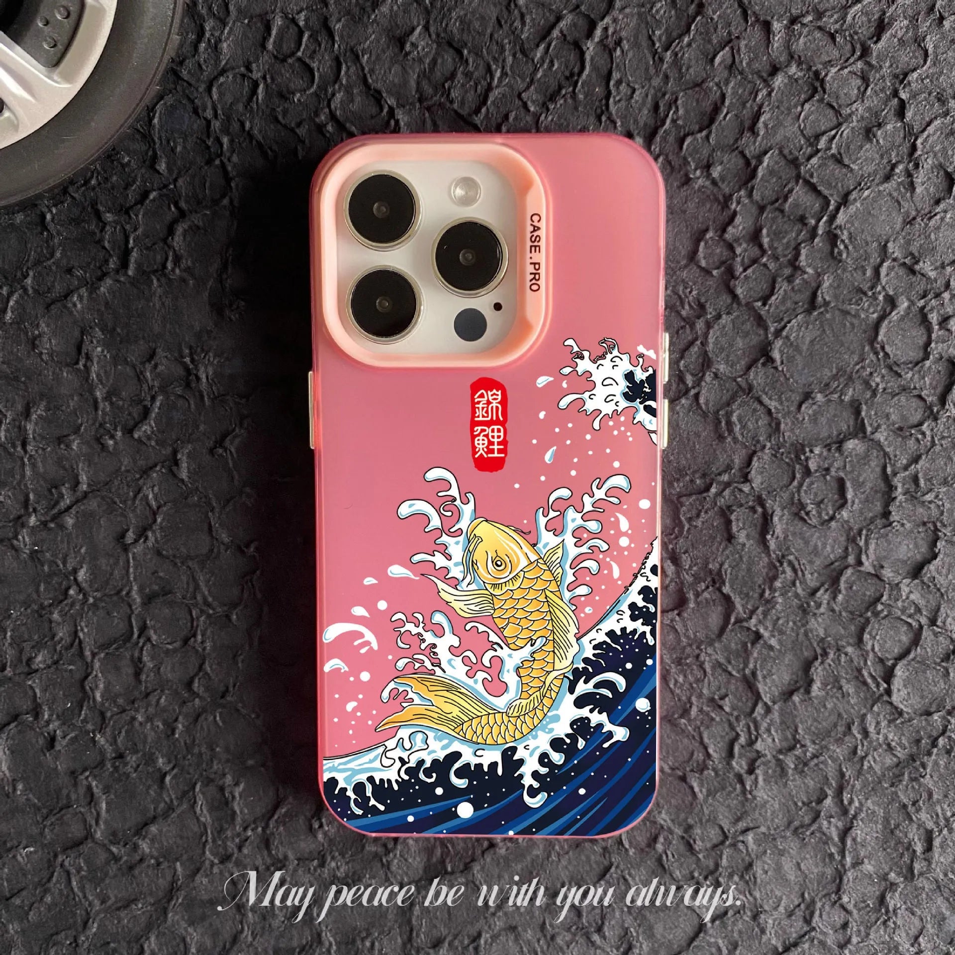 Good Luck Koi drop-resistant phone case for iPhone 16 in black, side view showing precise fit