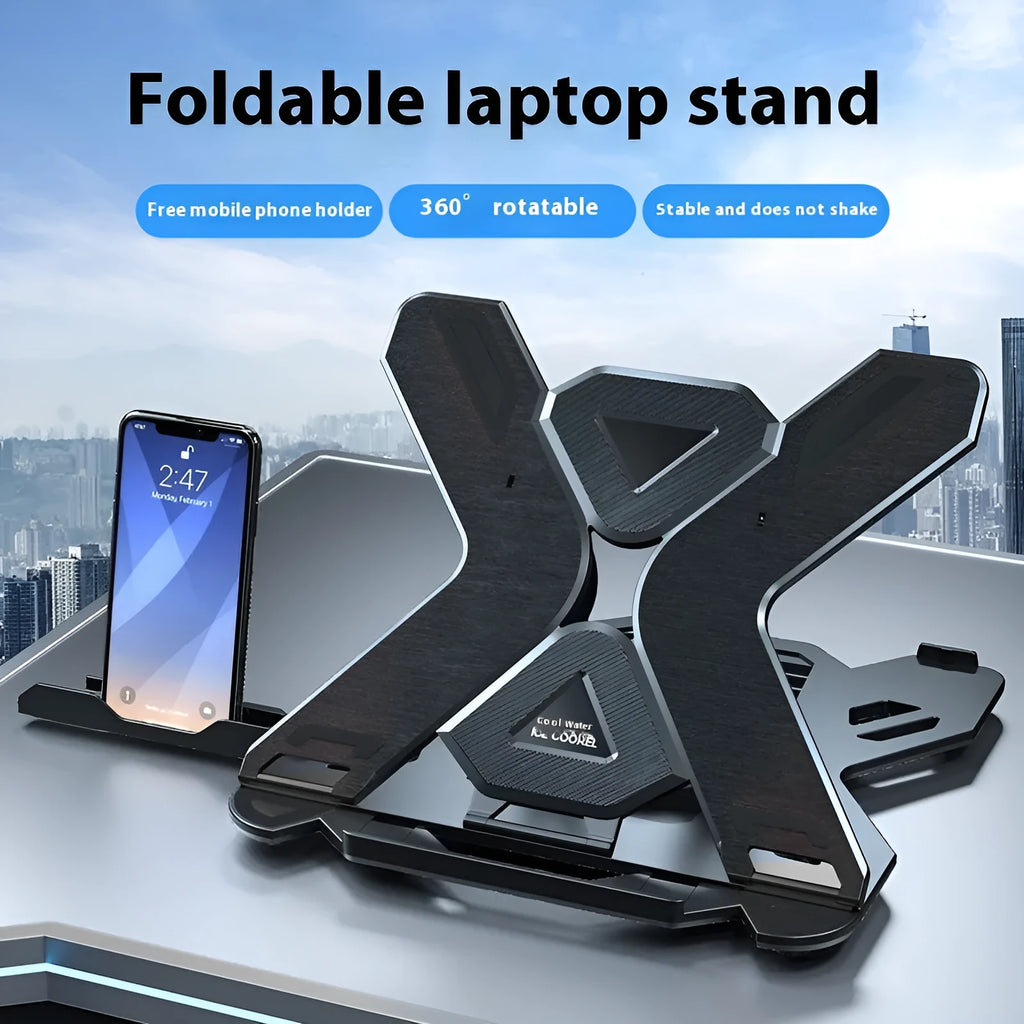 Black ABS plastic laptop bracket lifting stand with a strap phone holder on a wooden desk.
