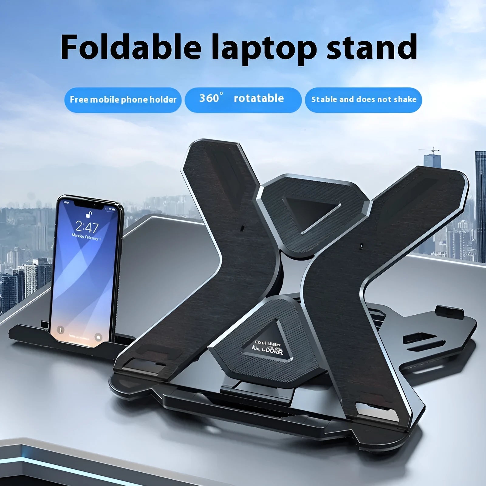 Black ABS plastic laptop bracket lifting stand with a strap phone holder on a wooden desk.