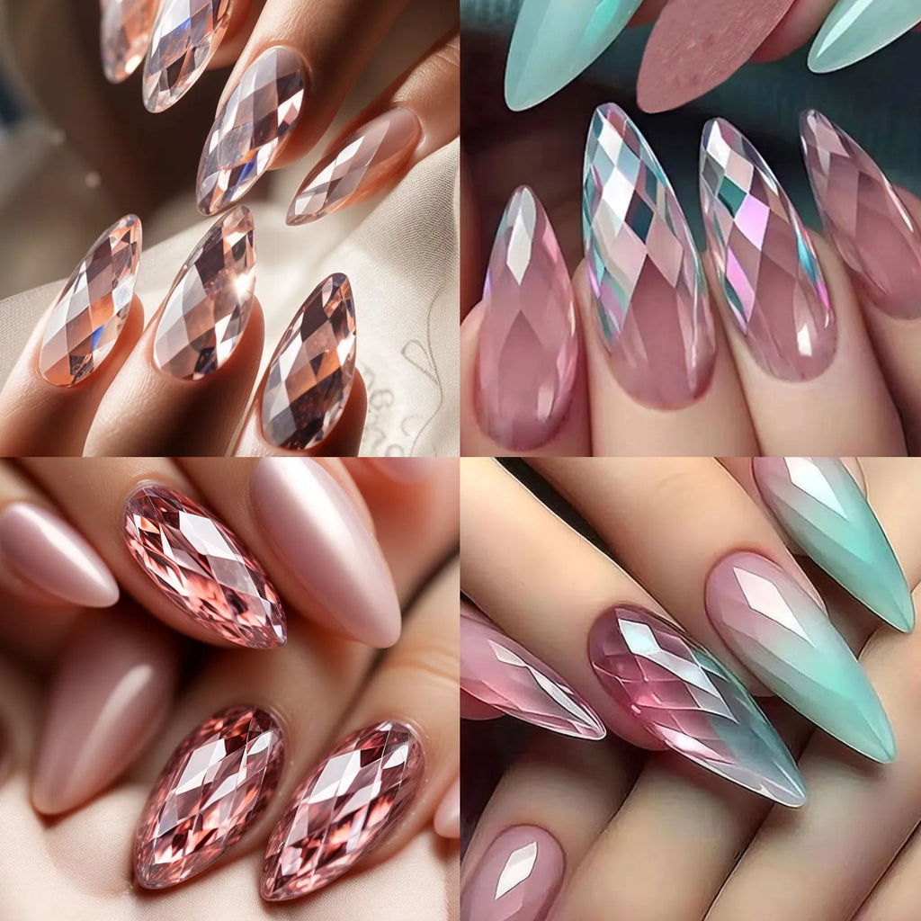 Pack of clear glitter nail extension tips showing 3D diamond design in various colours.