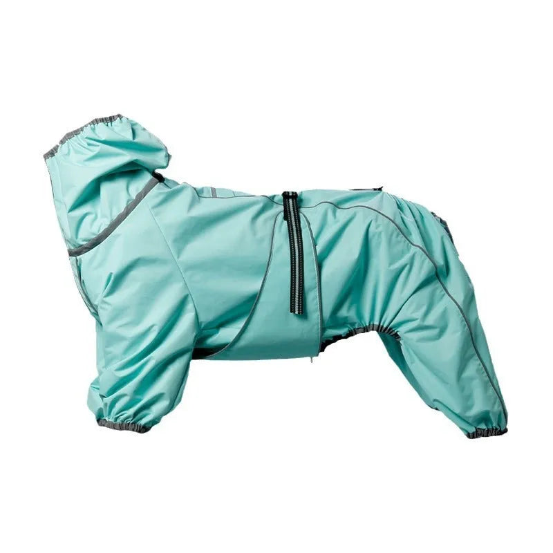 Red dog shell jacket with cotton padding shown on model dog with sports-style design