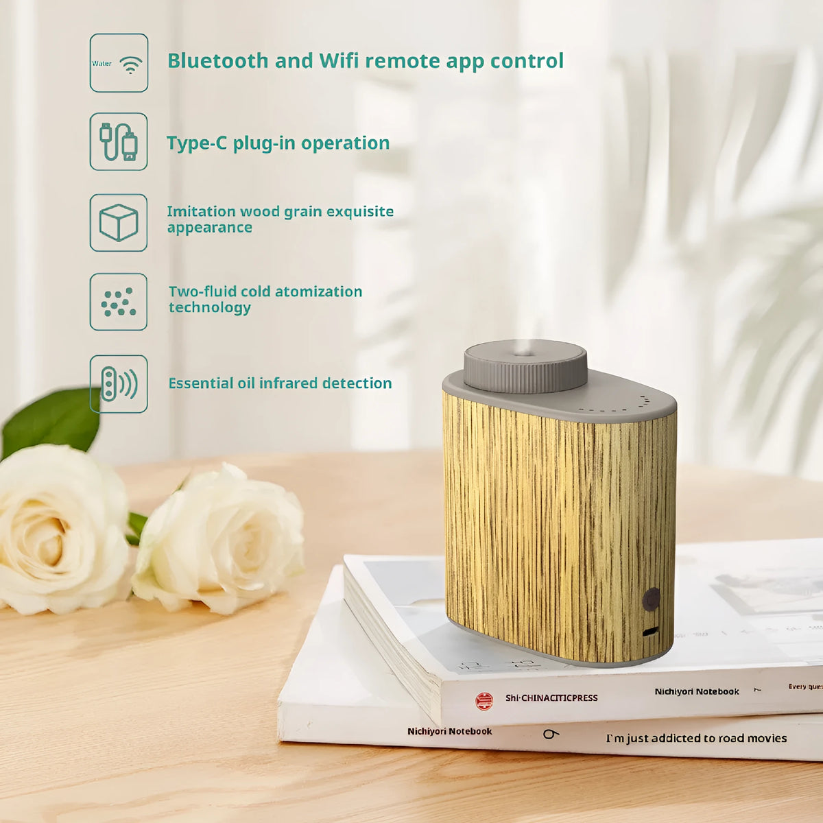 Round plug-in USB nebulizing diffuser in black wood texture with automatic aerosol dispenser and timing function
