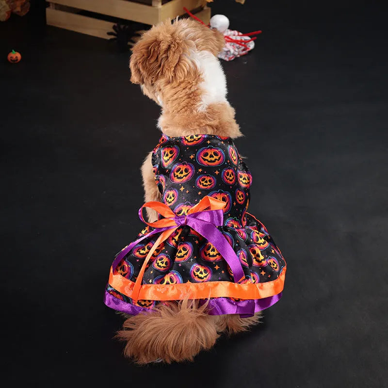 A dog wearing a double-layer orange Halloween skirt with a colourful pumpkin print.