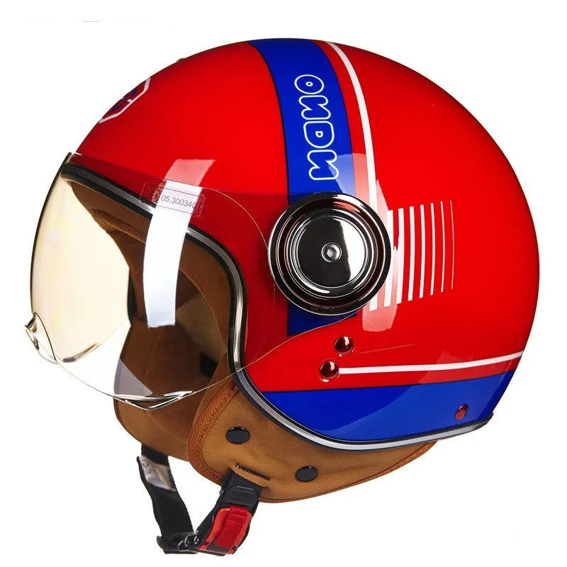 Retro battery car half helmet in ABS plastic showing colour options including bright blue red and matte black orange