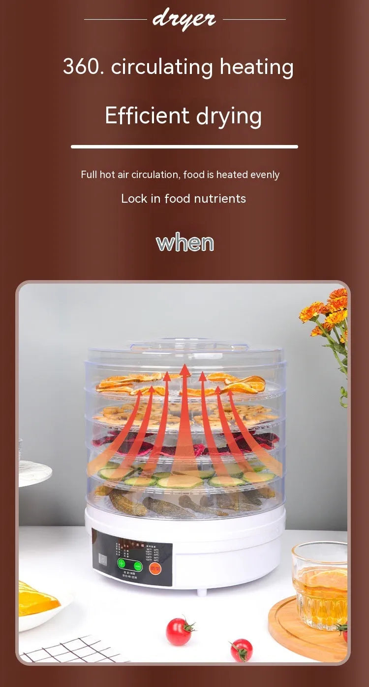 Household food dehydrator with multiple shelf layers and international plug compatibility options