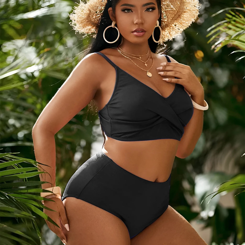 Plus size high waist split bikini swimsuit in solid colour black with spandex lining