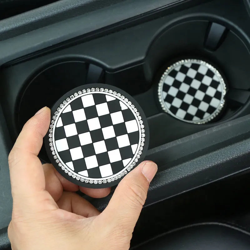 Plastic car cup holder mat with non-slip base in checkerboard pattern for interior protection