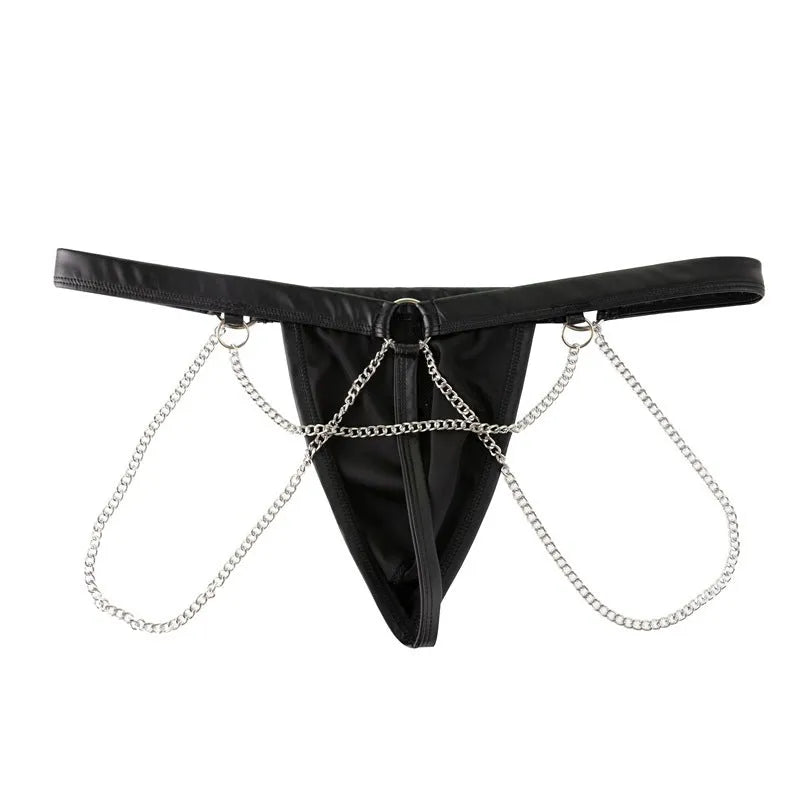 Black patent leather men's thong shorts with a metal chain pack detail on the front.