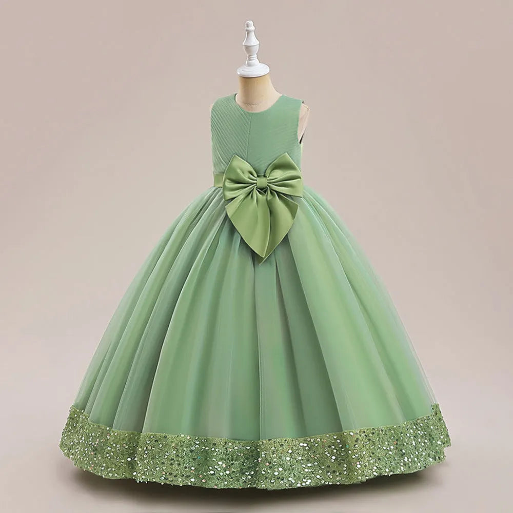New Sequins Children's Mesh Dress in cotton blend, available in avocado green, bean pink, dark green, purplish red, and white, for girls 120-170cm height