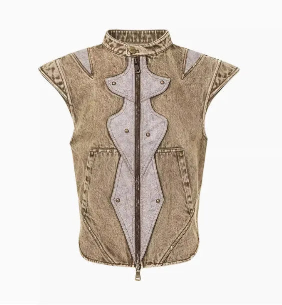 Pleated denim vest in refined Korean style with water washing finish