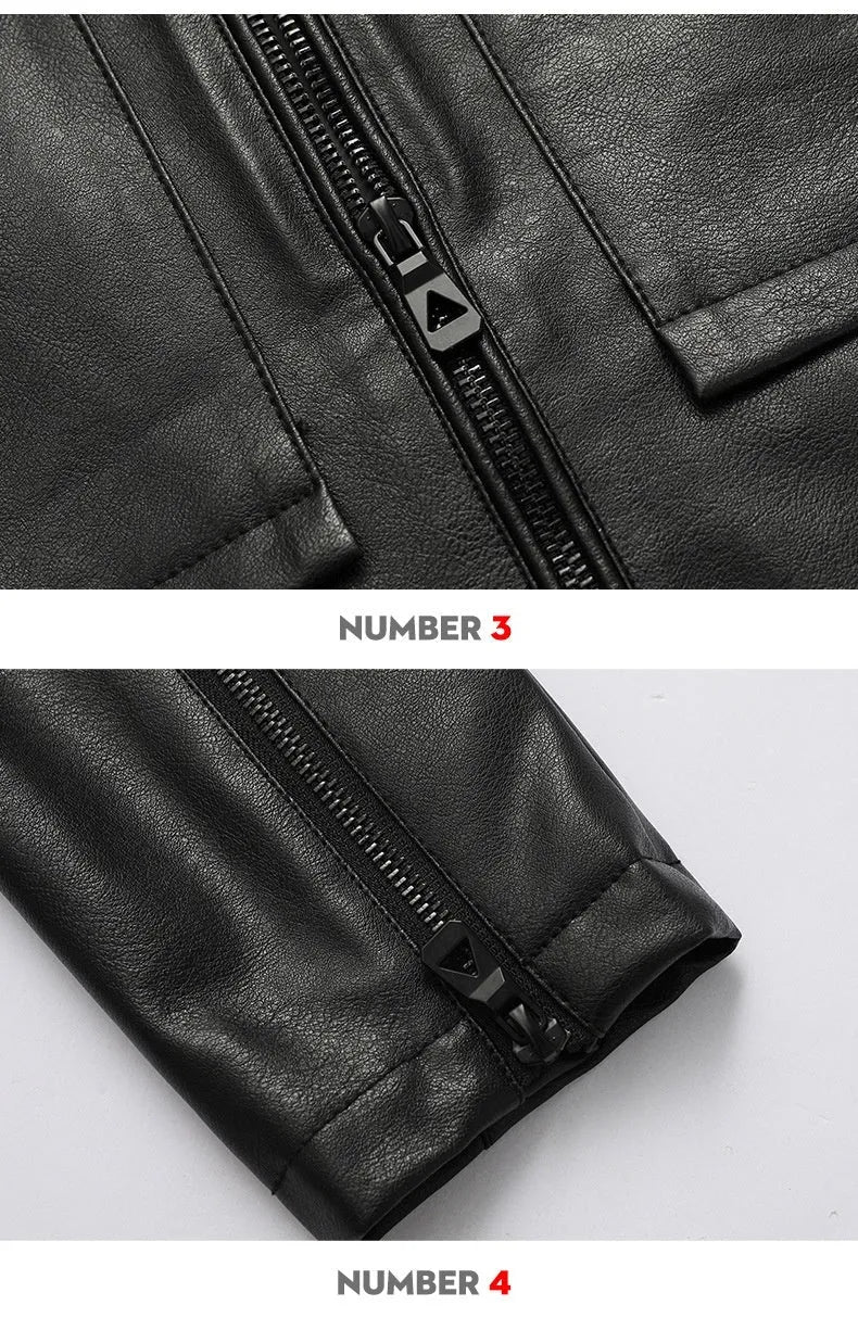 Men's slim lapel artificial leather jacket in black with side pockets and polyester lining