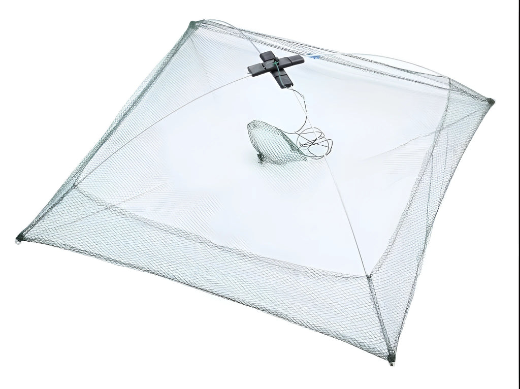 Green nylon pull-out fishing net with 60x60cm net head for compact landing and storage